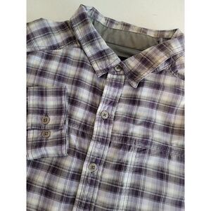 prAna Breath Shirt Purple Plaid Button Up Roll Tab Sleeves  Zip Pocket  Womens L